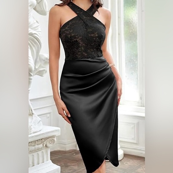 Dresses & Skirts - Cocktail Semi Formal Satin Black Lace Halter Dress